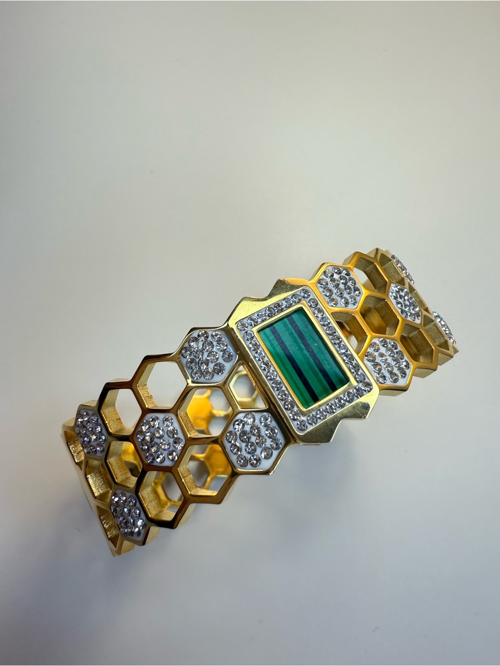 Gold Honeycomb Crystal Bracelet with Green Inlay
